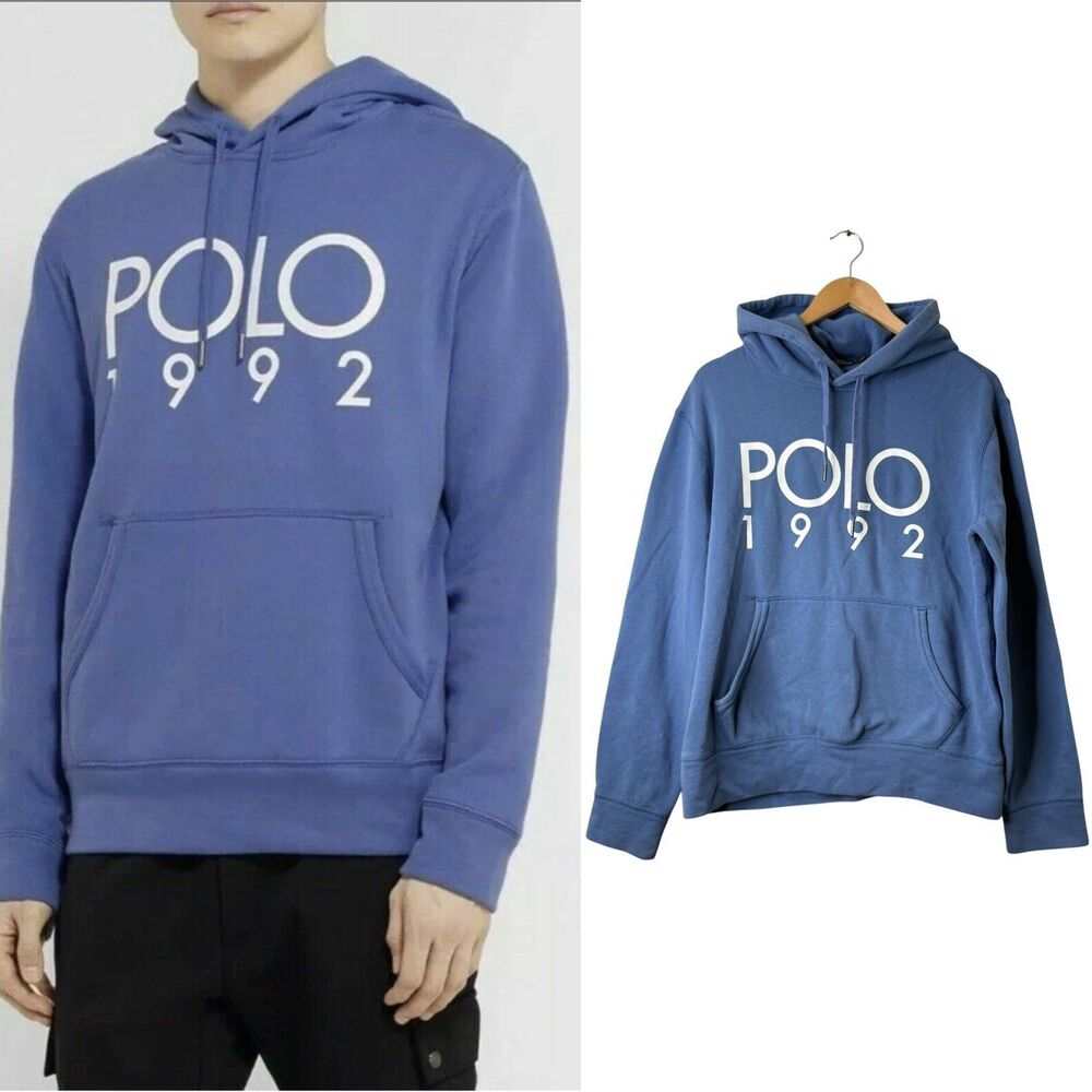 Polo Ralph Lauren Men's M Fleece Graphic 1992 Spellout Montauk Hoodie Blue Retro
